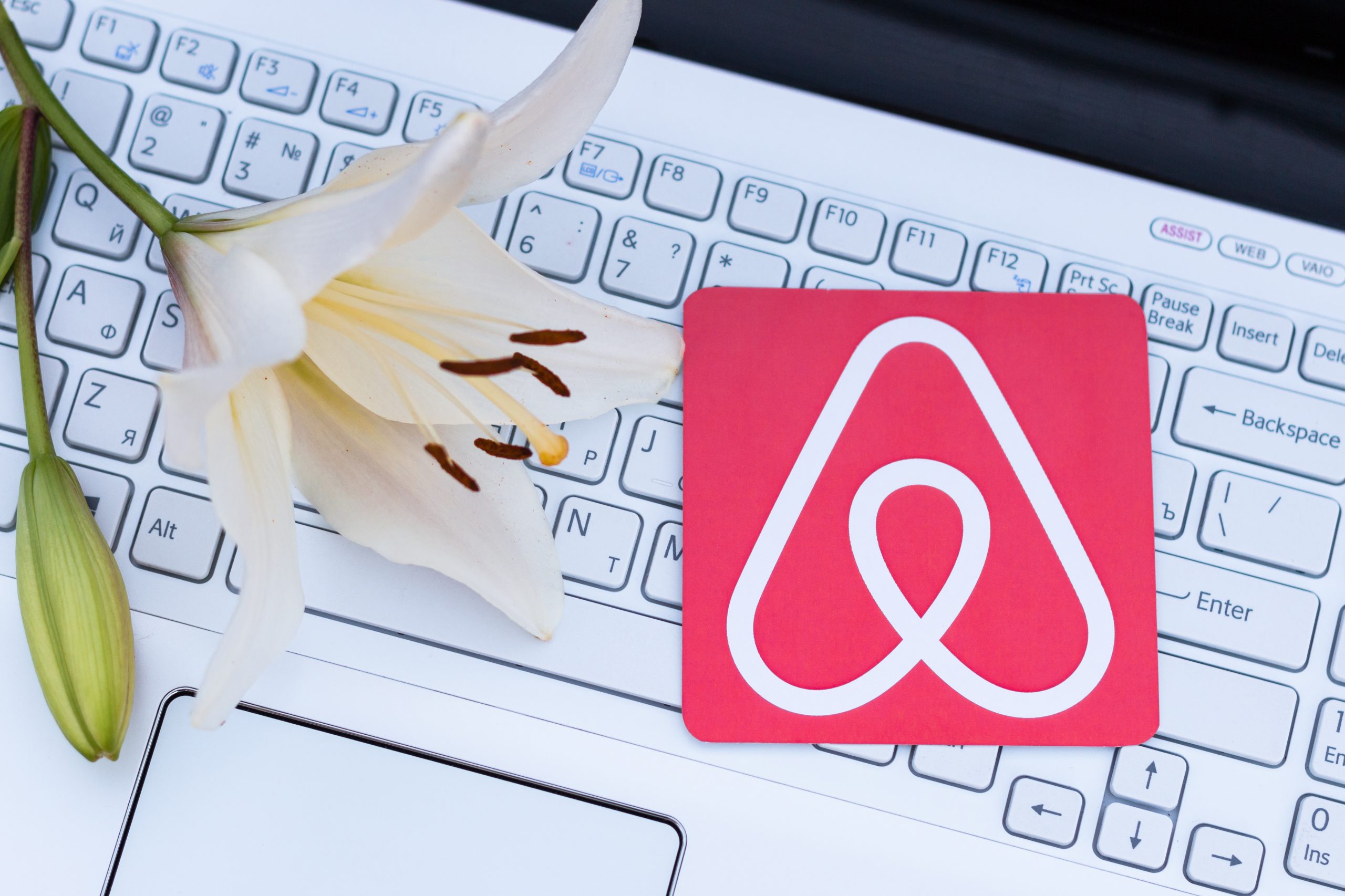 Minsk, Belarus - July, 2017: Travel around the world with Airbnb. Logo Airbnb. Home concept. Big house.
