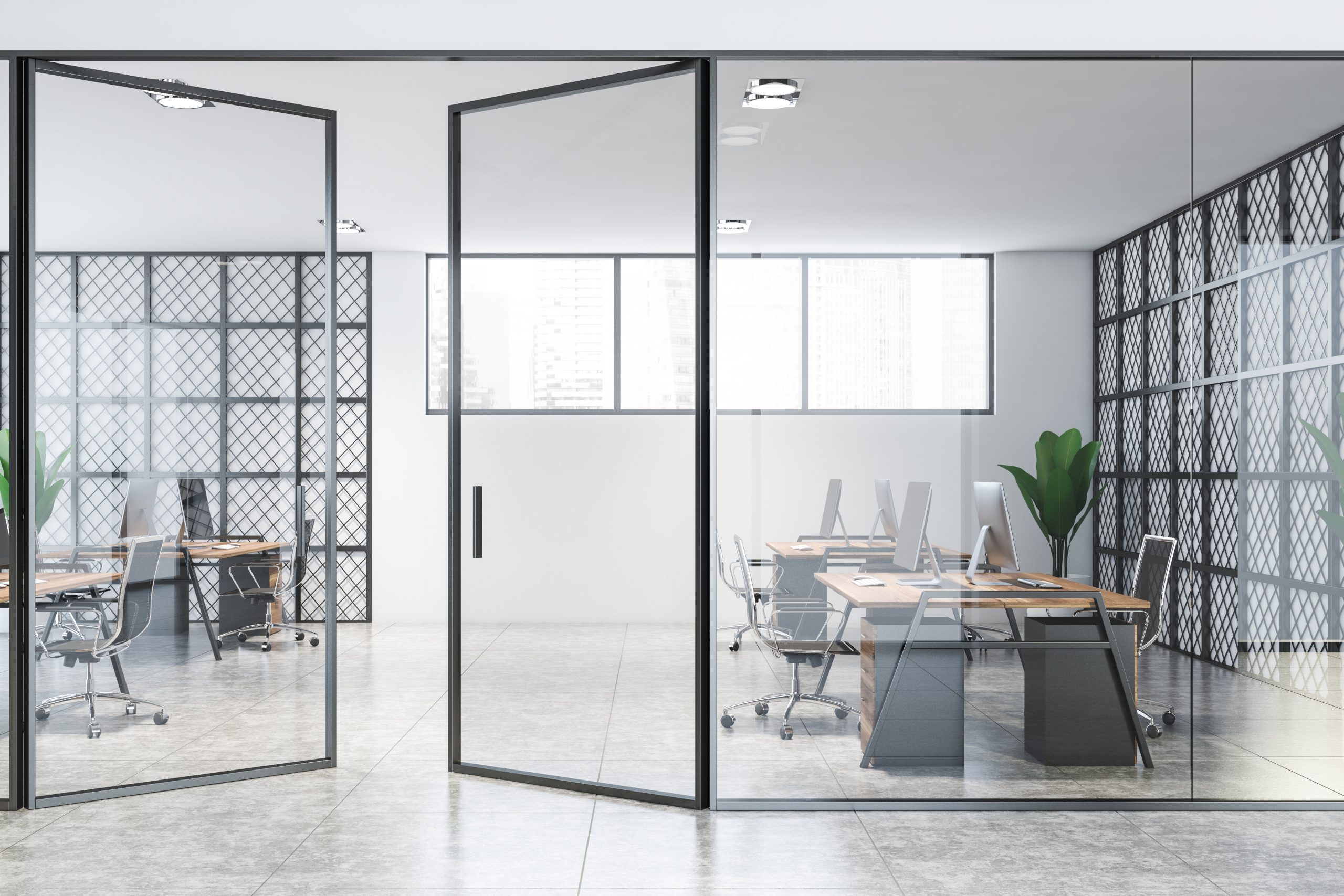 Interior of modern open space office with white and metal walls, tiled floor, rows of gray and wooden computer desks and glass doors. 3d rendering