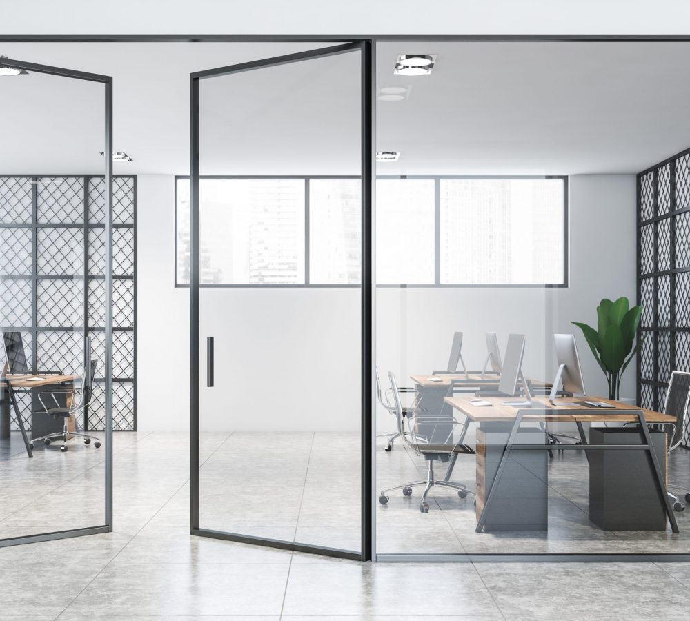 Interior of modern open space office with white and metal walls, tiled floor, rows of gray and wooden computer desks and glass doors. 3d rendering